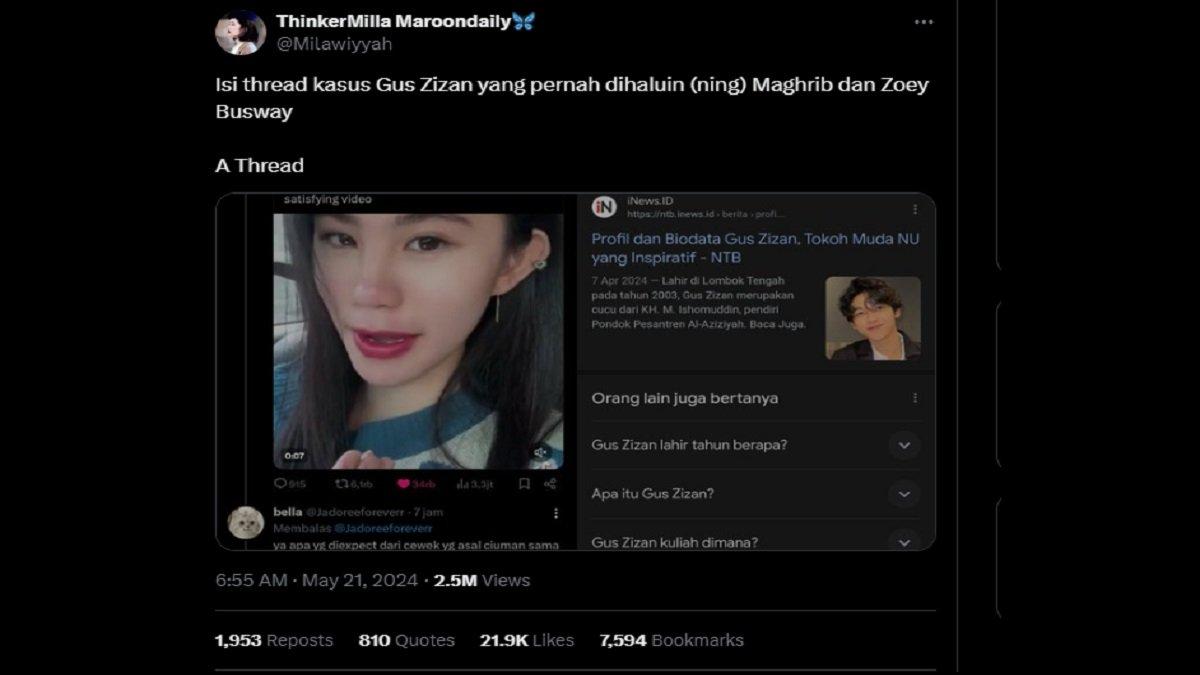 Gus Zizan viral di media sosial X, dituding punya hubungan dengan selebgram Zoe Levana.