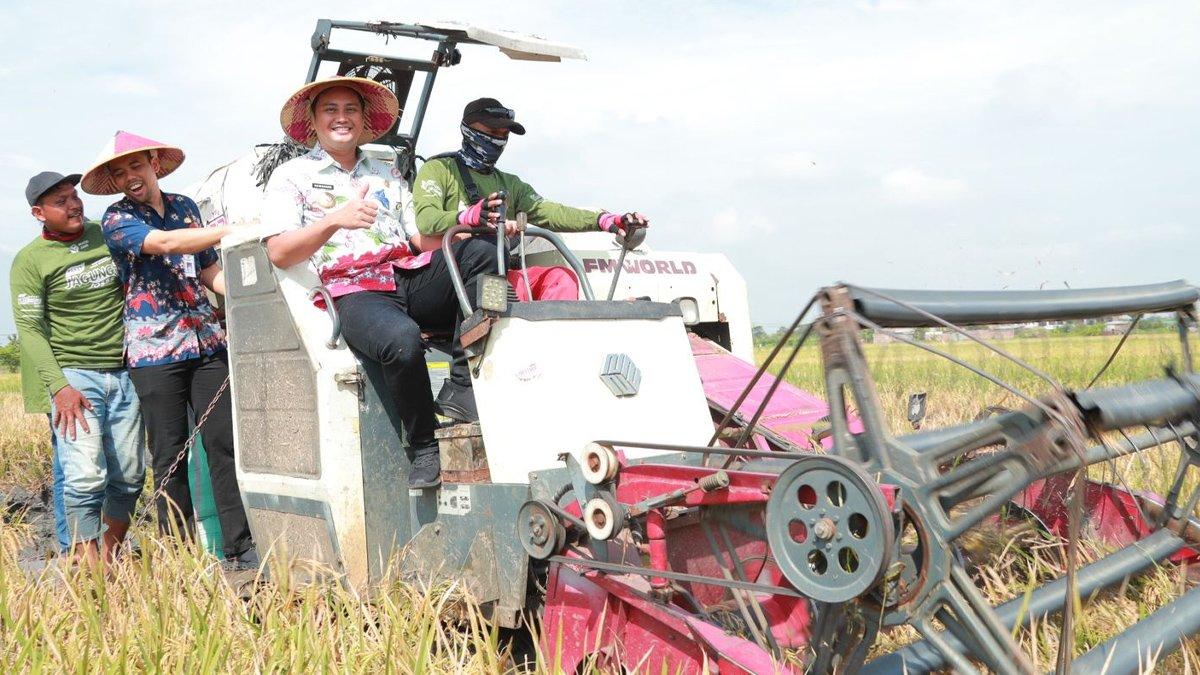 INFO KLATEN - Bupati Klaten Hamenang Wajar Ismoyo bersama Wabup Klaten Benny Indra Ardhianto melakukan panen raya padi di area persawahan Desa Taji, Kecamatan Juwiring, Selasa (18/3/2025).