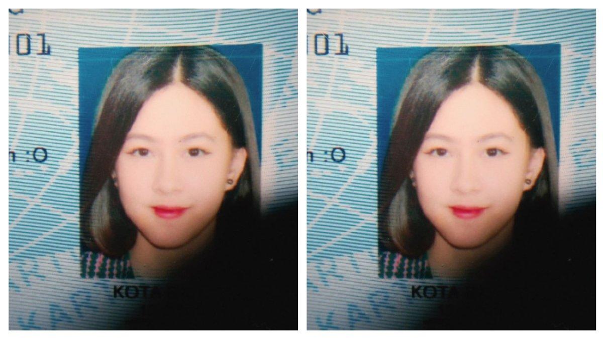 Meski tampak menggunakan lisptik warna merah cerah, namun tampak cantik hasilnya di foto KTP