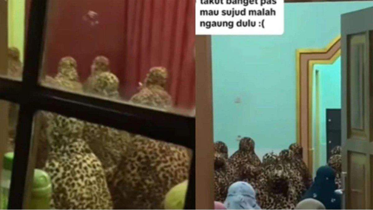 Ibu-ibu tarawih pakai mukena motif macan tutul.