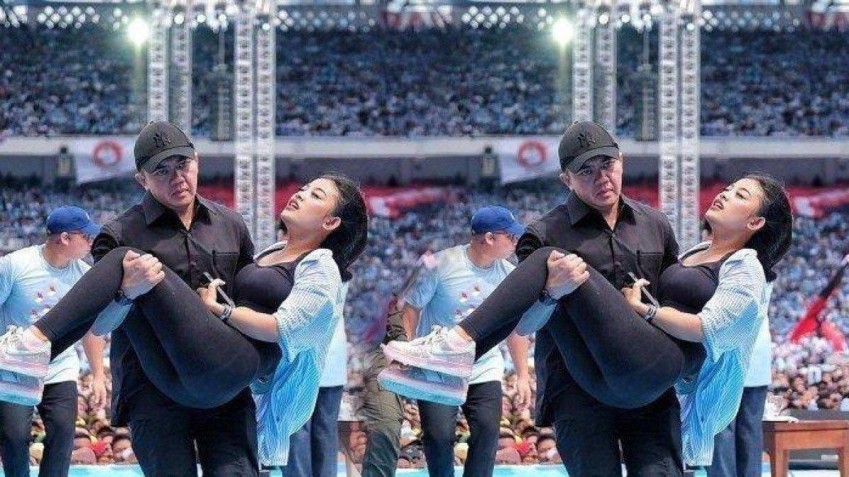 Inilah sosok wanita yang viral digendong Ajudan Prabowo Subianto, Mayor Teddy Indra Wijaya saat momen kampanye akbar di GBK, Sabtu 10 Februari 2024.
