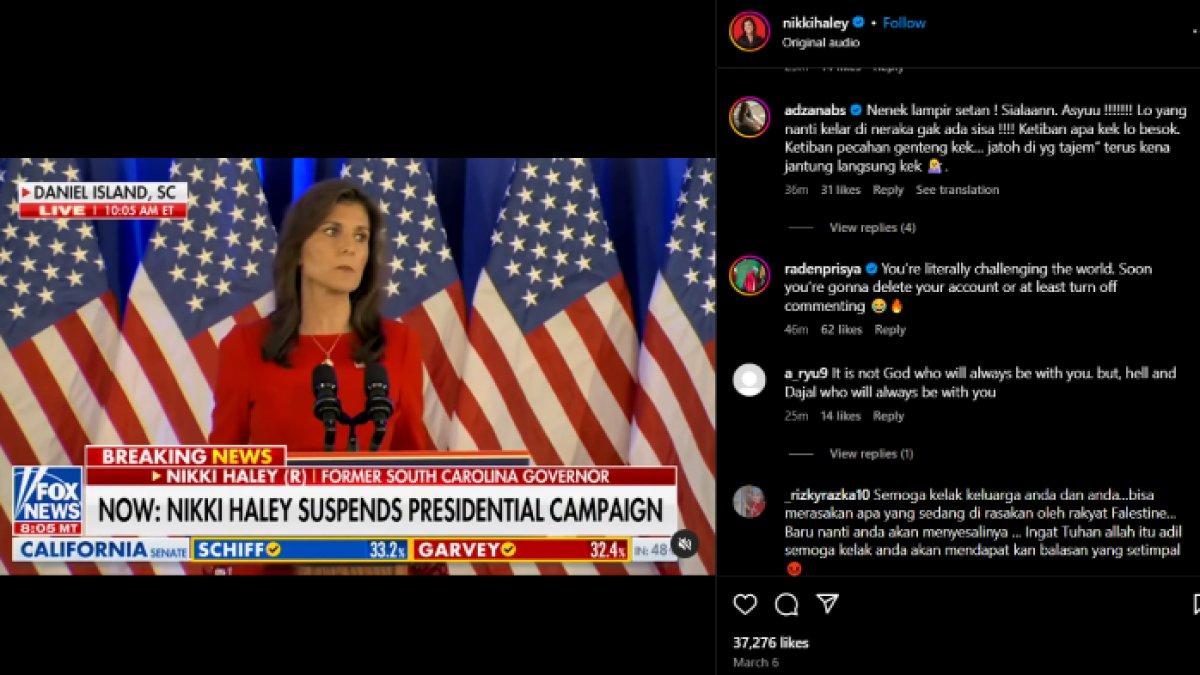 Instagram Nikki Haley diserang warganet Indonesia setelah politikus AS itu kedapatan menulis 'Habisi Mereka' di rudal Israel yang digunakan untuk menyerang Palestina