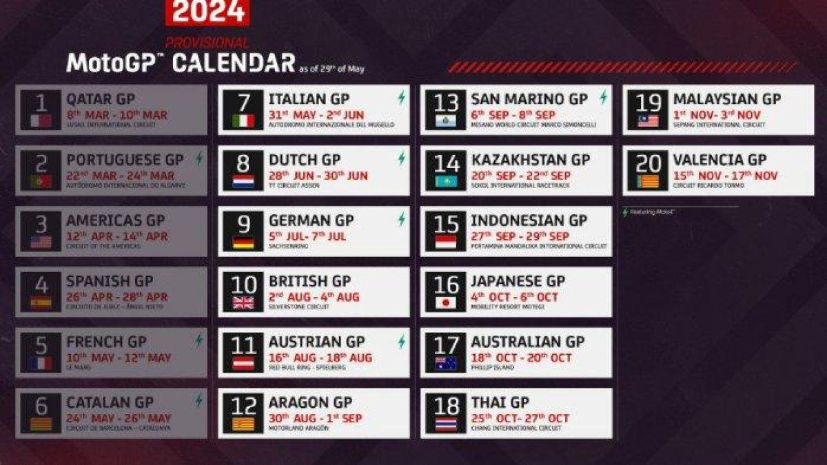 Jadwal terbaru MotoGP 2024 setelah Grand Prix India dibatalkan dan diganti oleh seri Kazakhstan di Sirkuit Sokol, 20-22 September 2024.