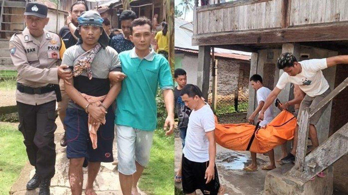 Jenazah korban pembunuhan oleh anak kandungnya sendiri di Desa Kebur Jaya Kecamatan TPK, Musi Rawas, saat dievakuasi oleh petugas kepolisian.