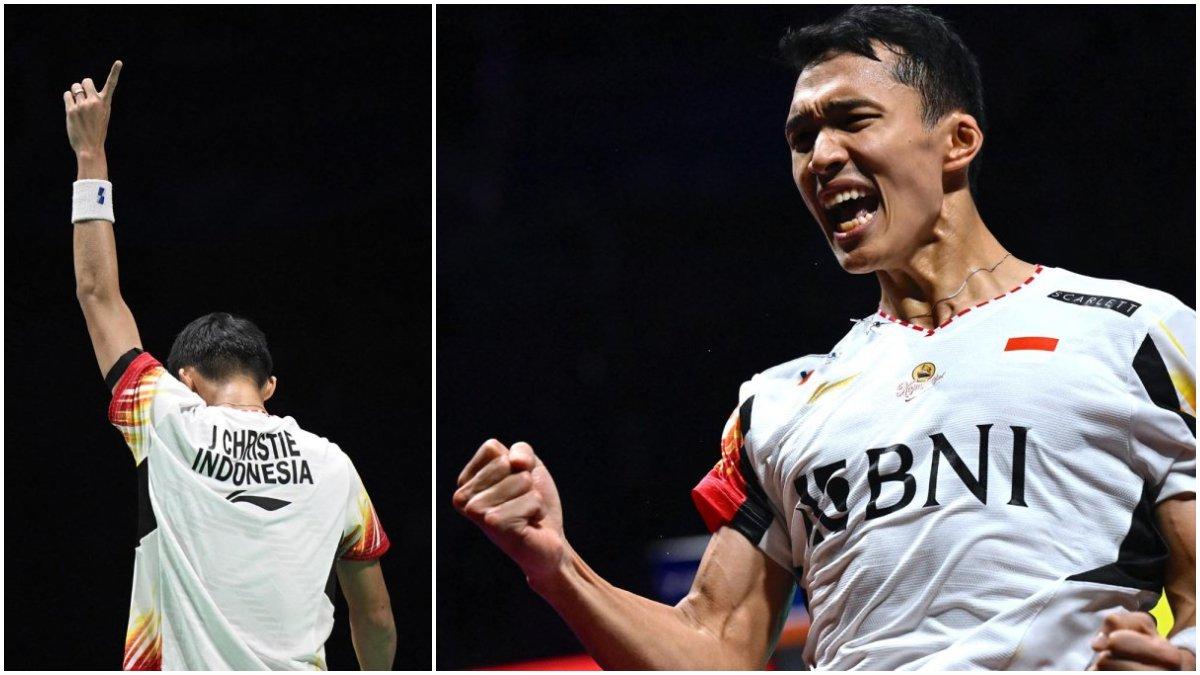 Jonatan Christie dari Indonesia merayakan kemenangannya melawan Li Shi Feng dari Tiongkok pada pertandingan final tunggal putra mereka di turnamen bulu tangkis Piala Thomas dan Uber di Chengdu, di provinsi Sichuan barat daya Tiongkok pada 5 Mei 2024.