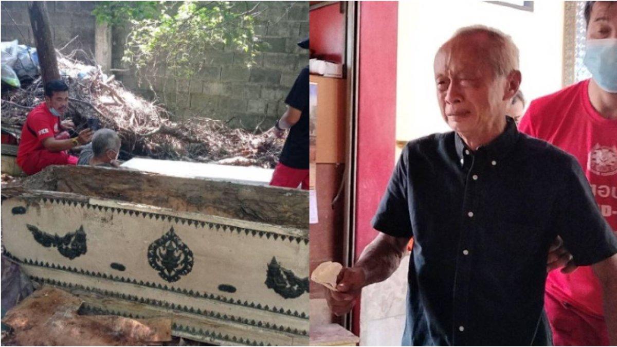 Kakek Chan Chanwatcharakan menangis saat jenazah istrinya dibongkar dan hendak dikremasi