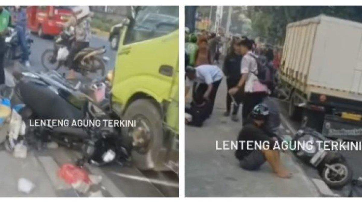 Kecelakaan yang melibatkan sebuah truk hebel dengan sejumlah kendaraaan bermotor di Jalan Raya Lenteng Agung, Jagakarsa, Jakarta Selatan pada Selasa (22/8/2023) pagi.