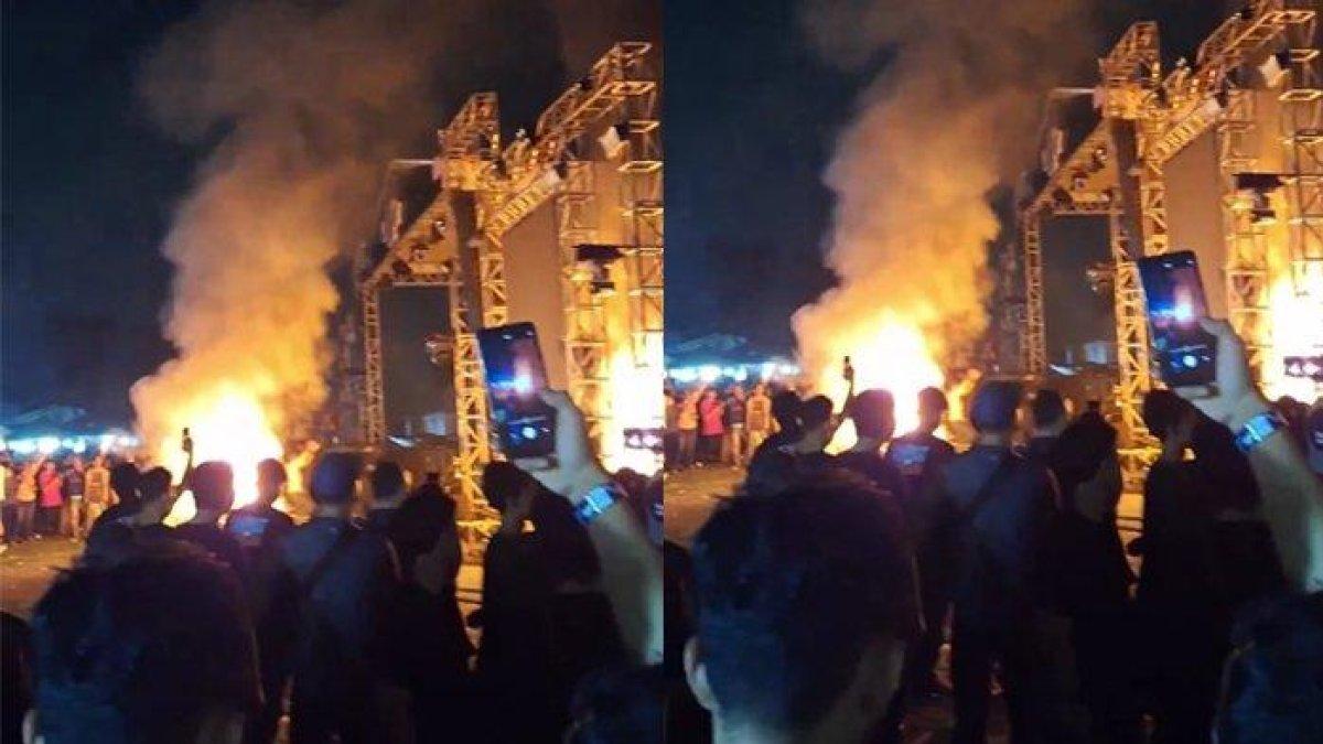 Kericuhan berujung aksi pembakaran panggung untuk acara musik, sound system terjadi di Pasar Kemis, Tangerang, Banten, Minggu, 23 Juni 2024 sekitar pukul 19.00 WIB.