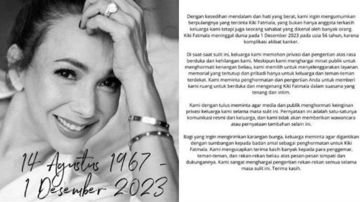 Kiki Fatmala dimakamkan di Pemakaman San Diego Hills Memorial Park Karawang, Jawa Barat Sabtu (2/12/2023)  pukul 10.00 WIB sesuai dengan permintaan almarhumah.