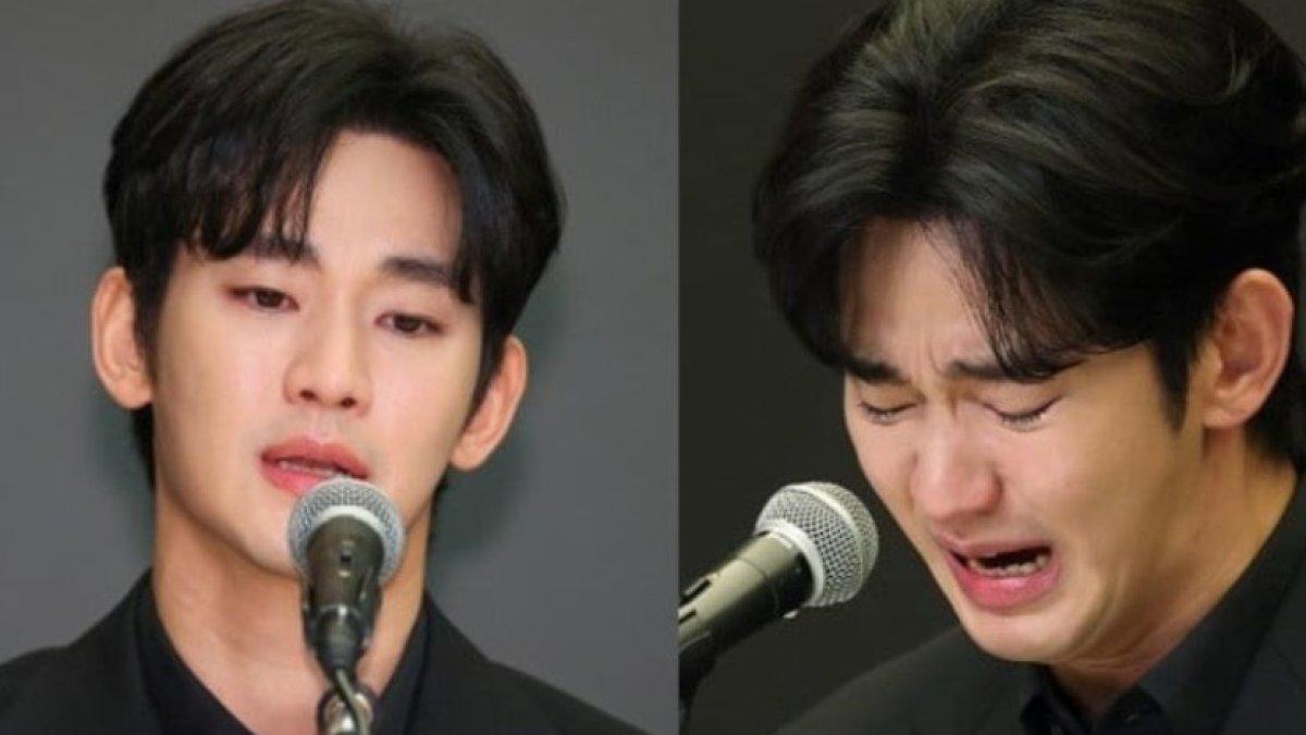 Kim Soo Hyun menangis saat melakukan konferensi pers darurat soal skandalnya dengan mendiang Kim Sae Ron
