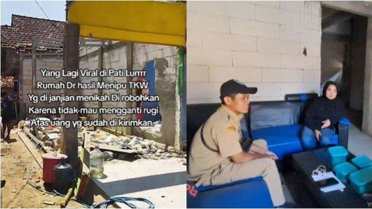 (Kiri) Kondisi rumah SM di Desa Terteg, Kecamatan Pucakwangi, Kabupaten Pati yang dirobohkan dan (Kanan) Perangkat dusun setempat berbincang dengan Karsini di rumahnya, Dusun Borangan, Desa Semowo, Kecamatanv Pabelan, Kabupaten Semarang, Senin (19/8/2024).