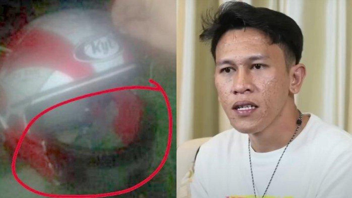 (Kiri) Penampakan foto helm yang digunakan Eky di hari tewasnya dan (Kanan) Fransiskus Marbun, teman Muhammad Rizky alias Eky saat memberikan kesaksiannya. Ia yakin Eky tewas karena kecelakaan.