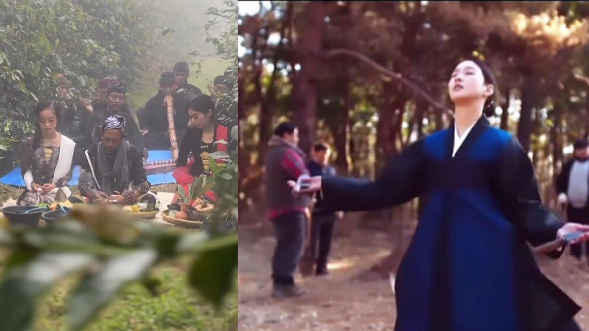 Kiri scene dukun dalam syuting iklan kopi, kanan Kim Go Eun berperan sebagai dukun
