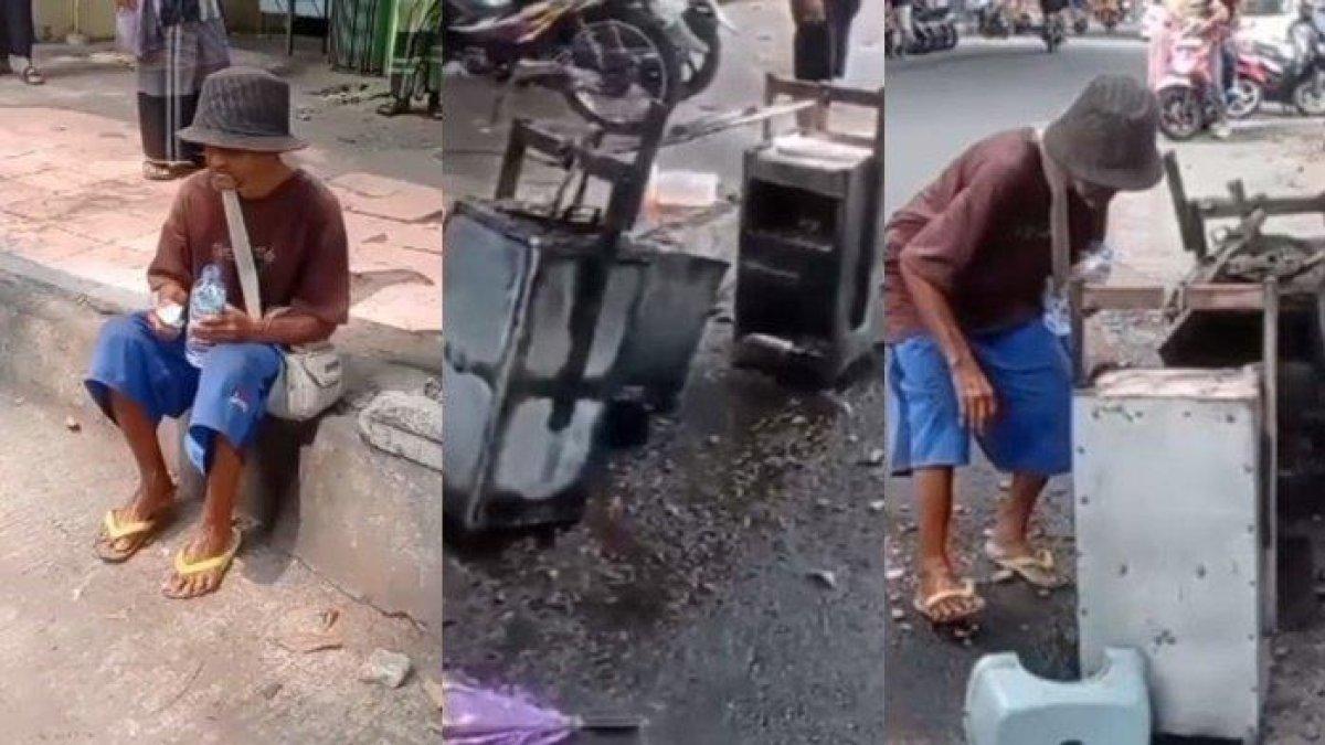Kisah pilu seorang kakek 71 tahun penjual cilor gerobak terbakar usai salat jumat.