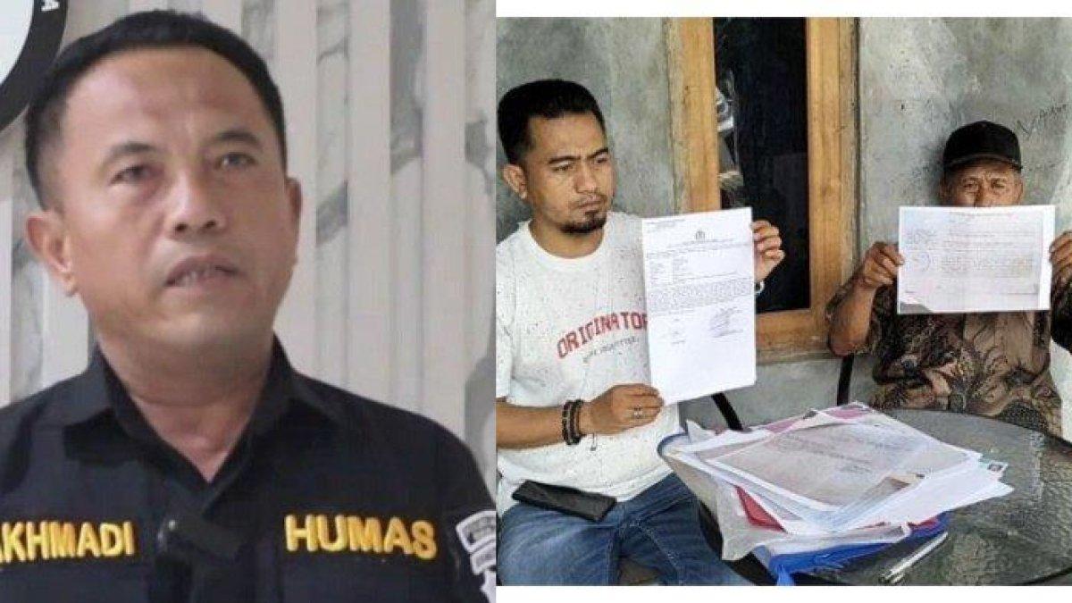 Kolase Foto Seorang petani bernama Kacung Supriatna (63) bersama anaknya Karyan (40) dan Kasi Humas Polres Metro Bekasi, AKP Akhmadi. Kacung Supriatna (63), petani di Kabupaten Bekasi kaget ditagih utang nyaris Rp 4 miliar. Polisi pun bergerak