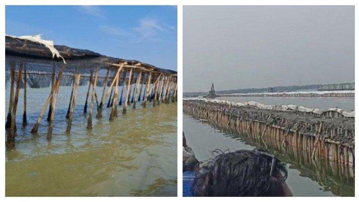 Kolase foto: Pagar laut di Tangerang, Banten, dan pagar laut di Bekasi, Jawa Barat.
