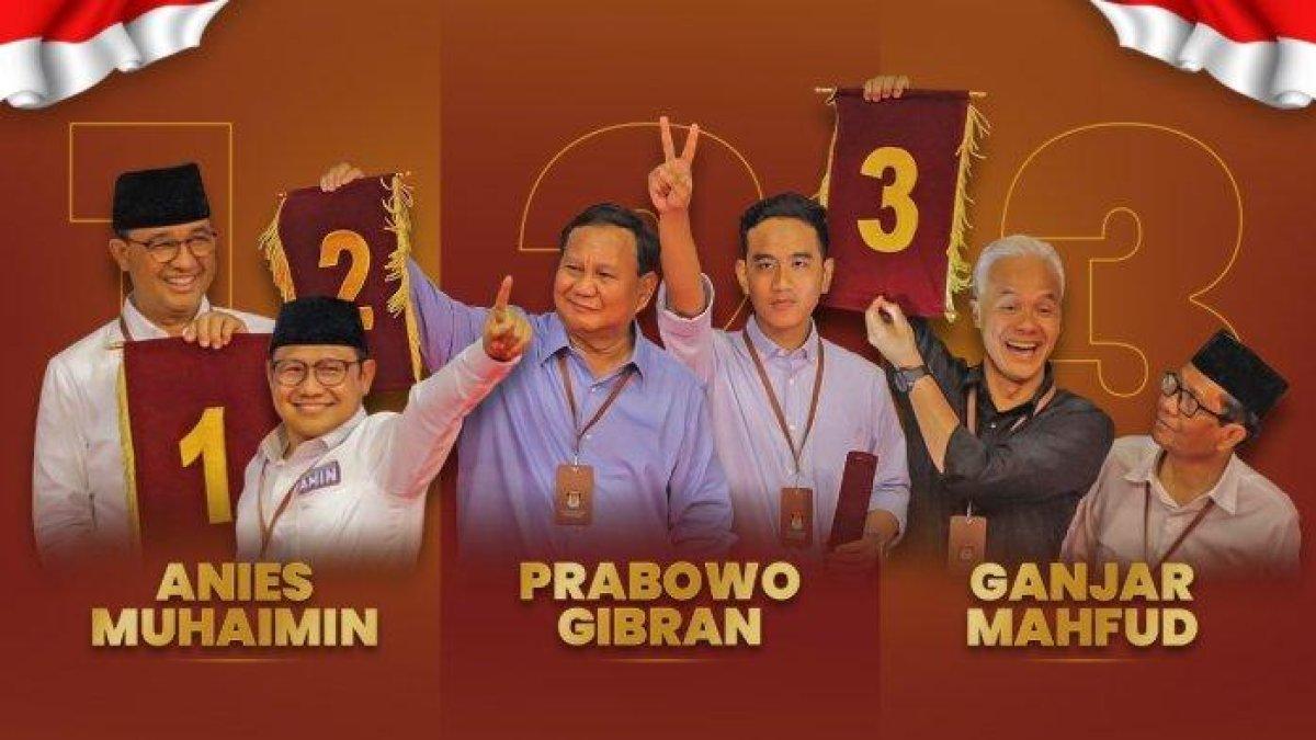 Kolase foto nomor urut pasangan calon presiden dan calon wakil presiden yang telah ditetapkan oleh KPU, Selasa (14/11/2023). Nomor urut 1 untuk pasangan Anies Baswedan dan Muhaimin Iskandar, nomor urut 2 untuk pasangan Prabowo Subianto dan Gibran Rakabuming, dan nomor urut 3 untuk pasangan Ganjar Pranowo dan Mahfud MD.