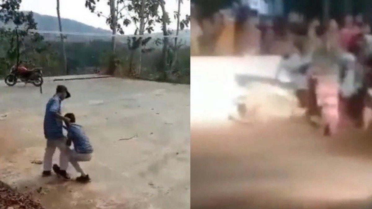 Kolase foto siswa SMP di Cilacap menganiaya temannya di lingkungan sekolah (kiri).