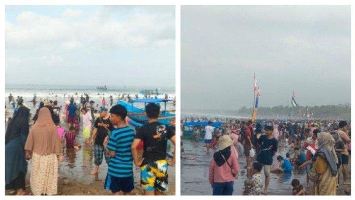 Kolase suasana kunjungan wisata di Pantai Barat Pangandaran, Minggu pagi, 28 April 2024.