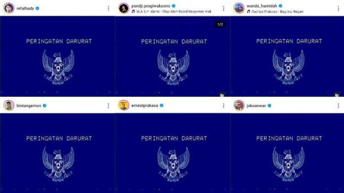 Kolase tangkapan layar postingan 'Peringatan Darurat' yang diunggah Komika Bintang Emon, Pandji Pragiwaksono, Ernest Prakasa, Sutradara Joko Anwar, Aktor Refal Hady, hingga politikus Wanda Hamidah.