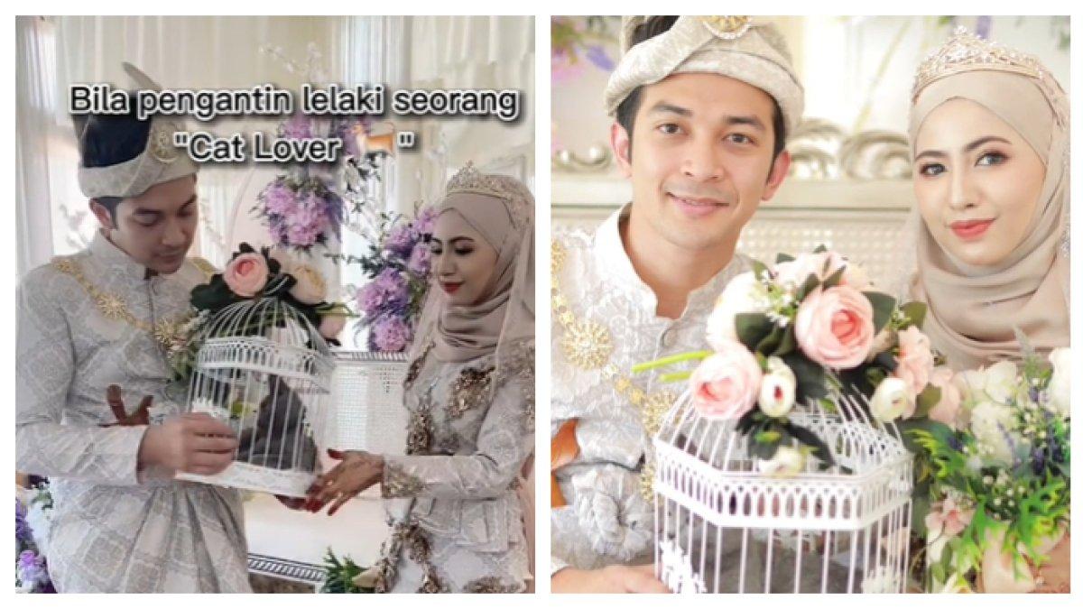 Pengantin pria memberikan kucing ke wanita sebagai hantaran nikah.