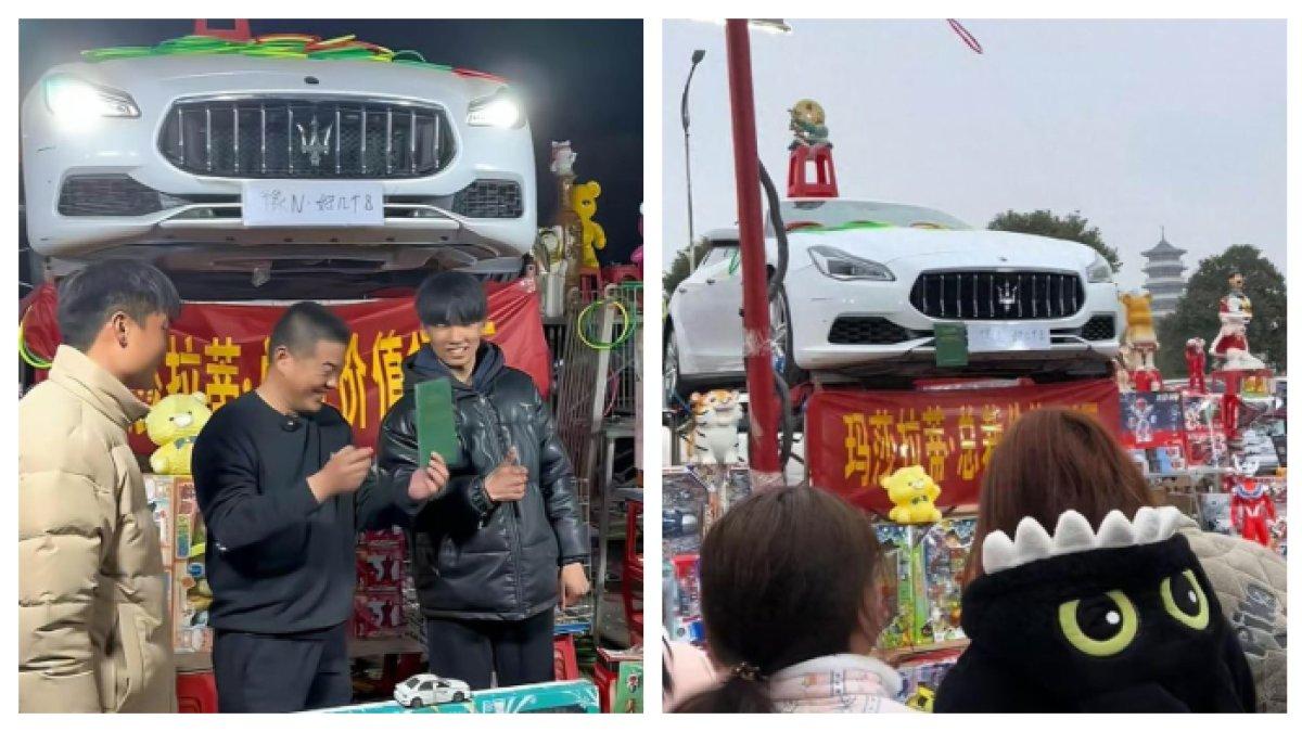 LEMPAR CINCIN DAPAT MOBIL - Seorang pria di China habiskan uang Rp 4,5 juta untuk permainan cincin. Beruntung, setelah 3 jam main, ia mendapatkan hadiah utama mobil sport Maserati senilai Rp 3,8 miliar.