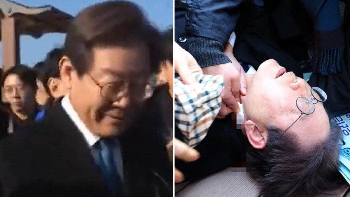 Lee Jae-myung, pemimpin oposisi Partai Demokrat Korea Selatan ditikam di leher saat berkunjung ke kota pelabuhan selatan Busan pada Selasa (2/1/2024)
