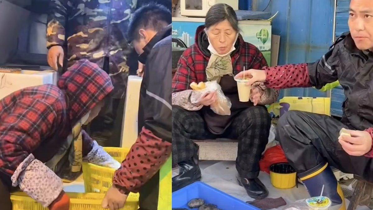 Li Fei menjaga lapak dagang ikan bersama ibunya