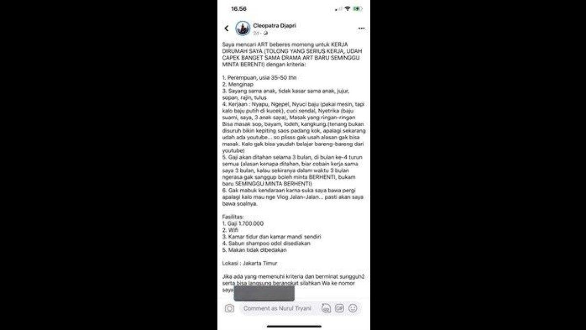 Lowongan cari ART yang sedang viral, dibuat seorang artis