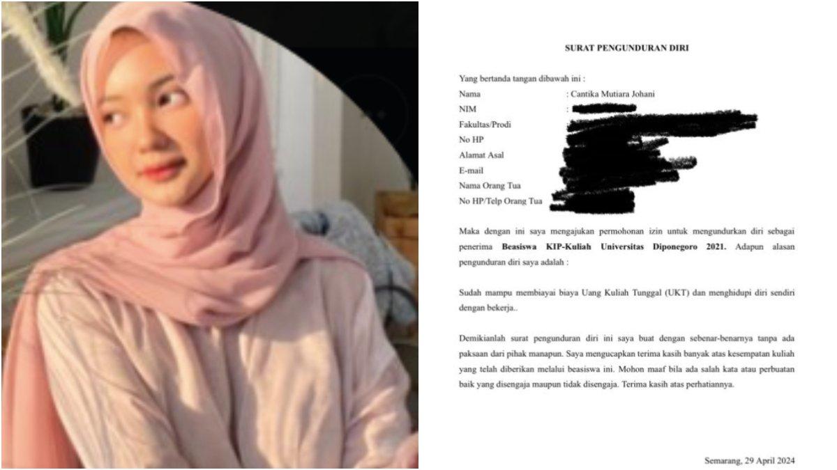 Mahasiswi Undip, Cantika Mutiara Johani mengudurkan diri dari beasiswa KIP Kuliah semenjak viral.