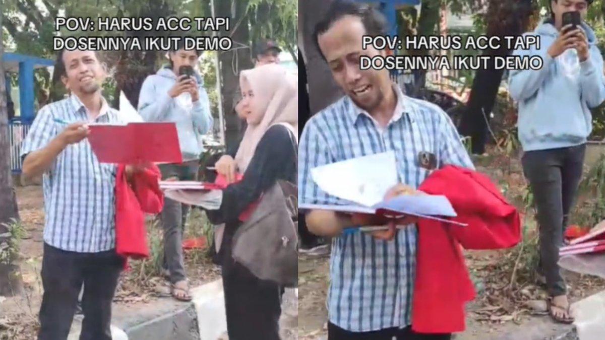 Mahasiswi minta tanda tangan dosen yang sedang ikut demo.