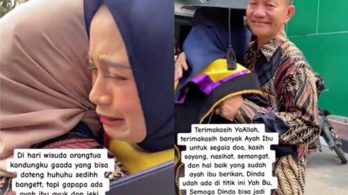 Mahasiswi di Universitas Lampung yang baru saja wisuda namun tidak dihadiri oleh orangtua kandungnya, malah orangtua sahabatnya lah yang datang di acara wisuda tersebut