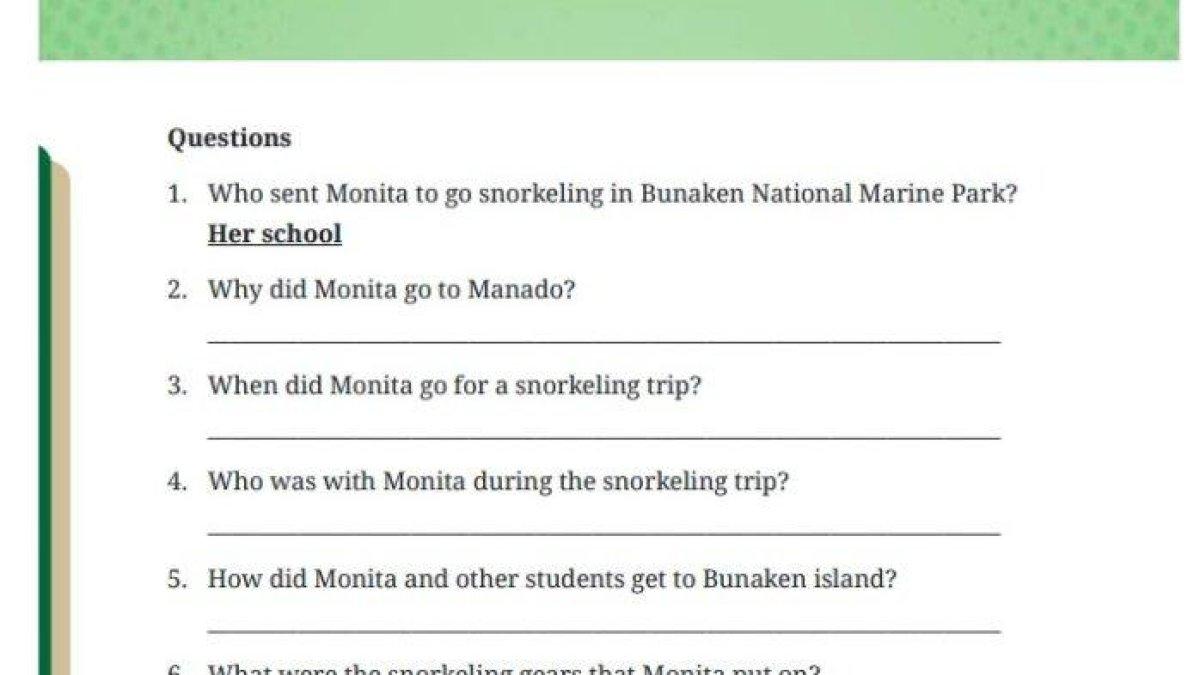 Mari simak kunci jawaban soal Bahasa Inggris Kelas 9 SMP, Who was with Monita during the snorkeling trip?