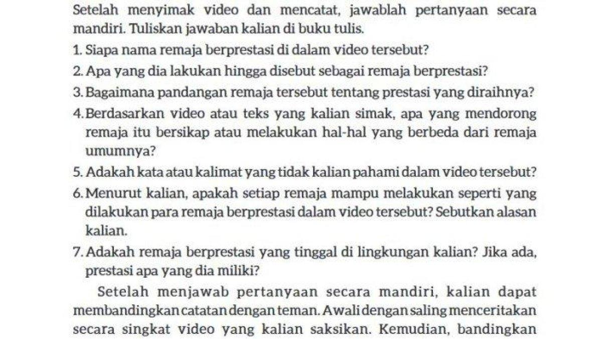 Mari simak kunci jawaban soal Bahasa Indonesia Kelas 9 SMP, Siapa nama remaja berprestasi di dalam video tersebut?