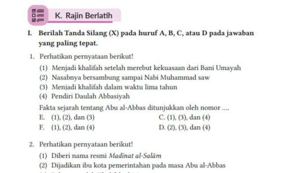 Mari simak kunci jawaban soal PAI Kelas 8 SMP, Fakta sejarah tentang Abu al-Abbas ditunjukkan oleh nomor