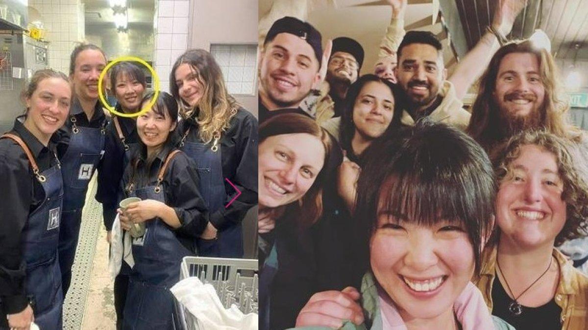 Mayuko Fukuda berfoto bersama sesama rekan kerja di restoran