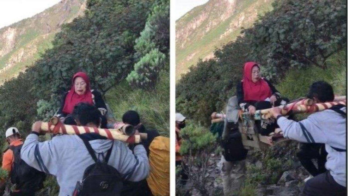 Mbok Yem ditandu saat turun Gunung Lawu