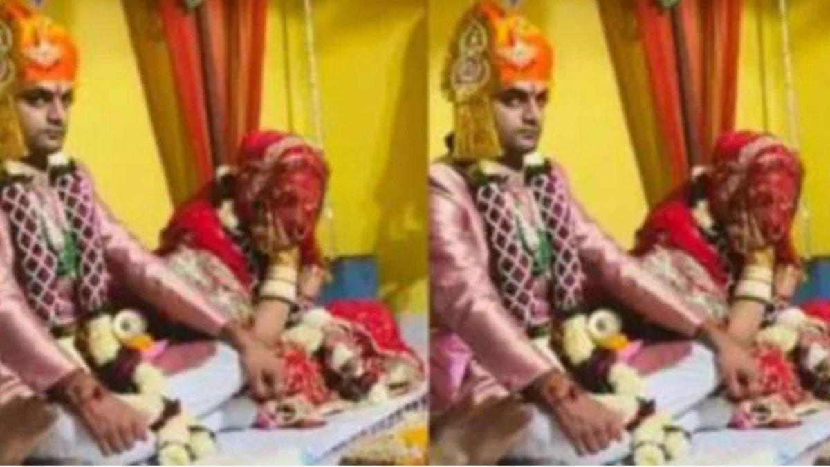 Mempelai wanita ketiduran sambil duduk di pelaminan saat pesta pernikahan.