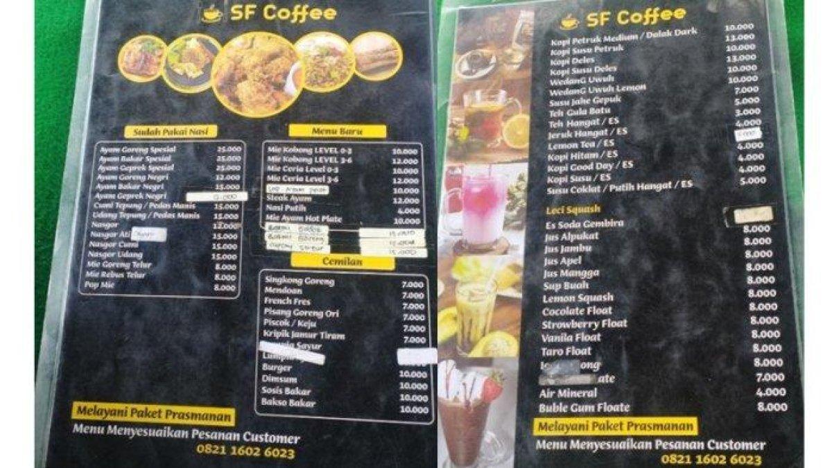 Menu makanan dan minuman di SF Coffe Deles