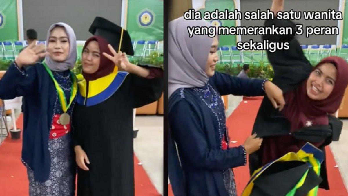 Momen haru adik pinjamkan toga ke kakaknya yang lulusan SMP.
