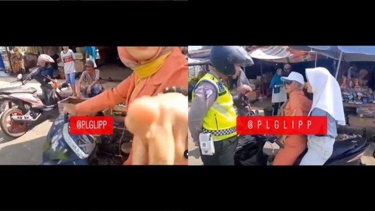 Momen ibu-ibu ngamuk sambil tunjuk-tunjuk polisi karena tidak pakai helm dan melawan arus, Selasa (5/12/2023).