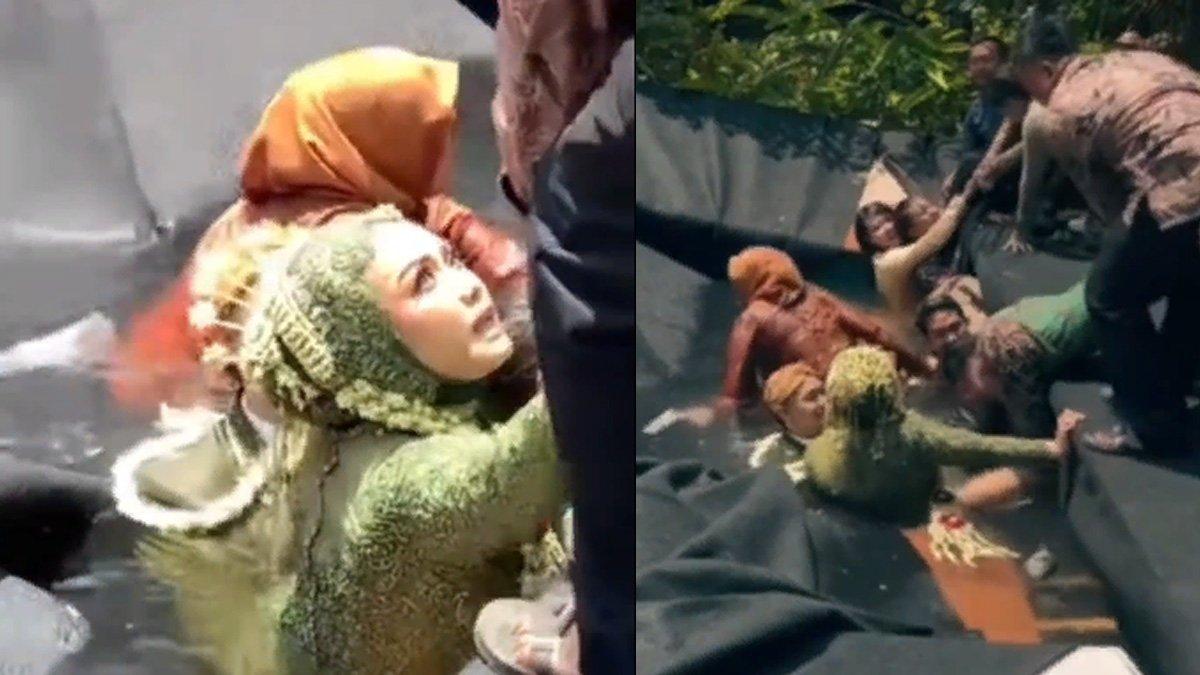 Momen pengantin jatuh ke dalam kolam saat hendak foto bersama.