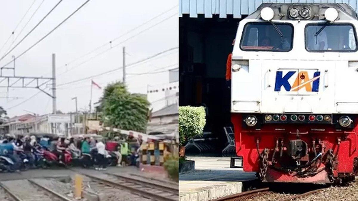 Momen pengendara motor lewati portal rel kereta api di Stasiun Pondok Jati.