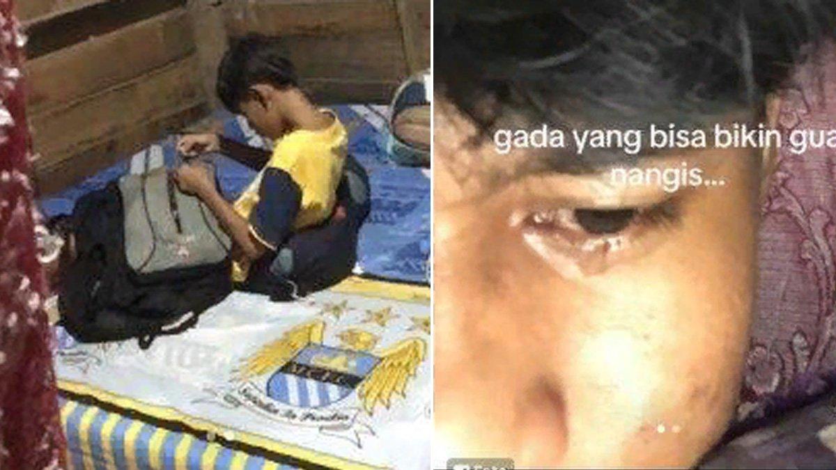 Momen bocah SD jahit satu-satunya tas sekolahnya yang jebol.