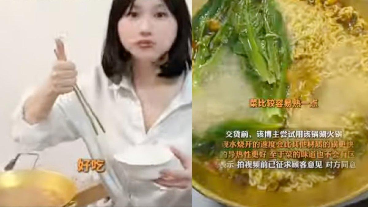 Momen wanita China memasak menggunakan panci emas seharga Rp 1,5 miliar.