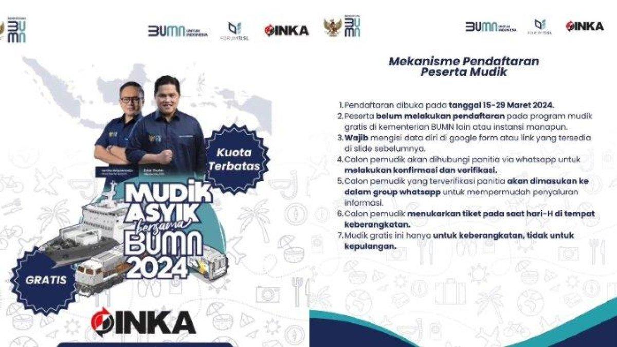 Mudik Gratis PT INKA. PT Industri Kereta Api (Persero) atau INKA menggelar program mudik gratis 2024.