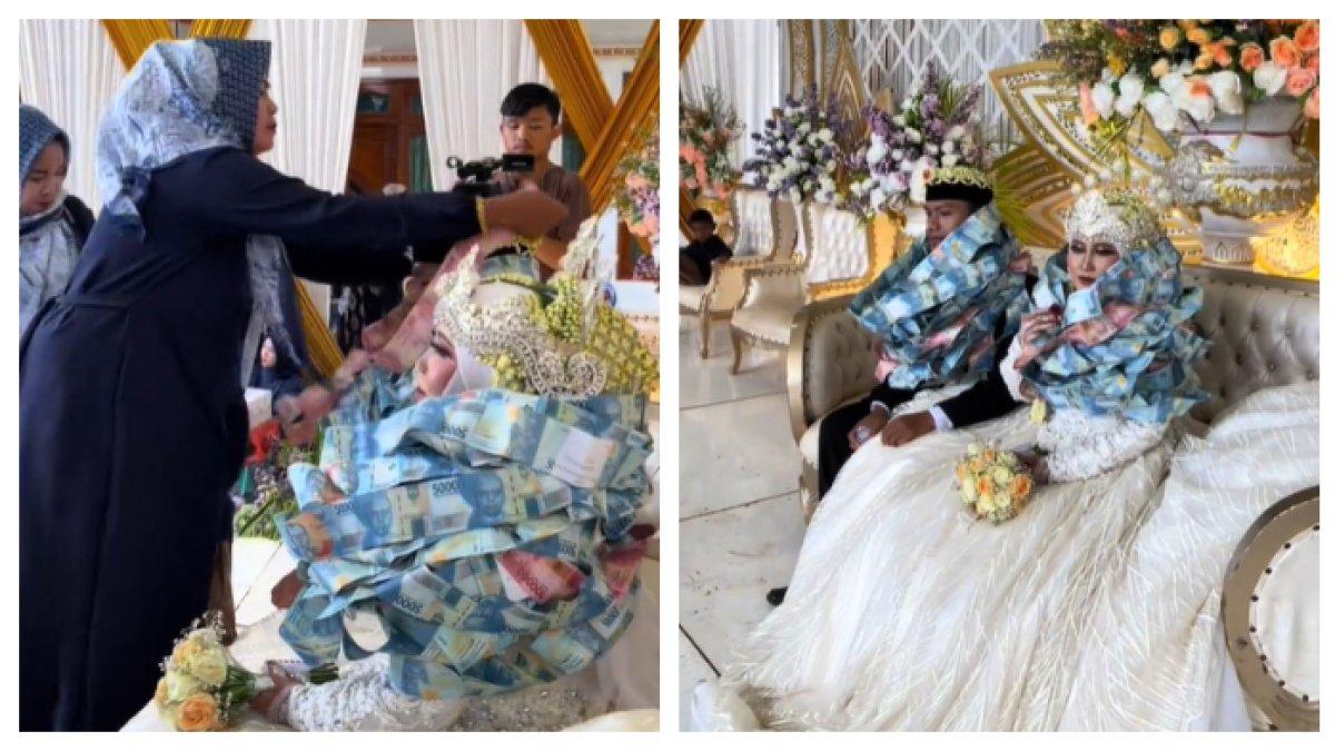 Momen pengantin dikalungi uang Rp50 ribu dan Rp100 ribu oleh pihak keluarga di Madura
