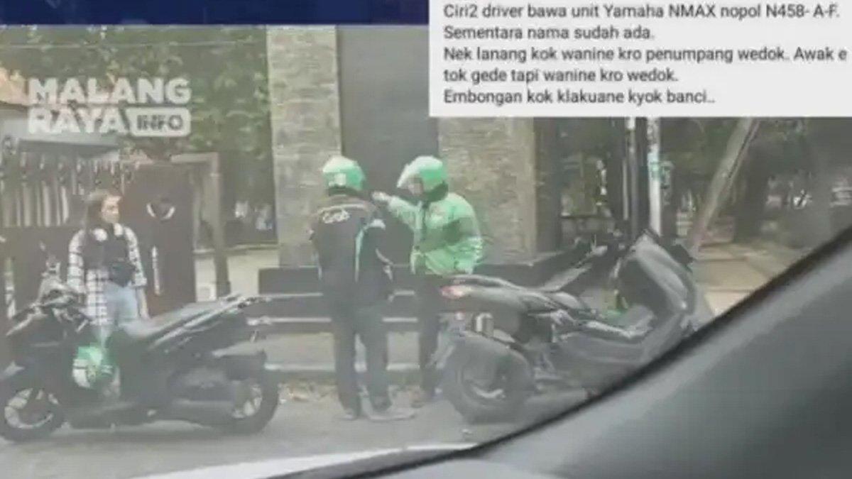 Ojol dan calon penumpang saat adu cekcok di depan gerbang Universitas Negeri Malang.