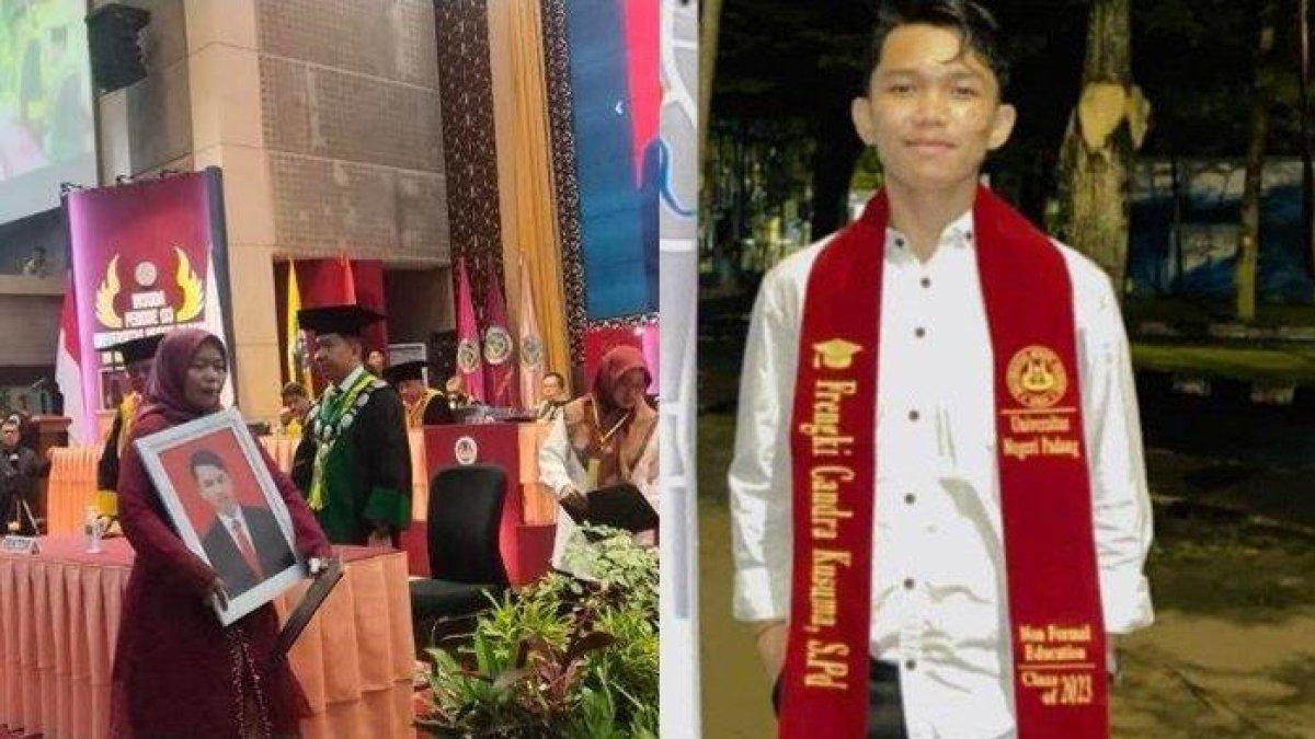 Orangtua Frengki mewakili anaknya dalam momen wisuda di UNP pada Senin (18/12/2023). Frengki merupakan korban erupsi Gunung Marapi yang meninggal dunia pada 3 Desember 2023 lau.