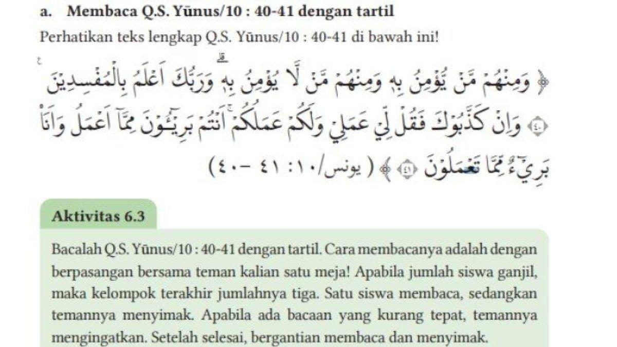 PAI Kelas 11 Halaman 180 Kurikulum Merdeka. Membaca Q.S. Yūnus/10 : 40-41 dengan tartil